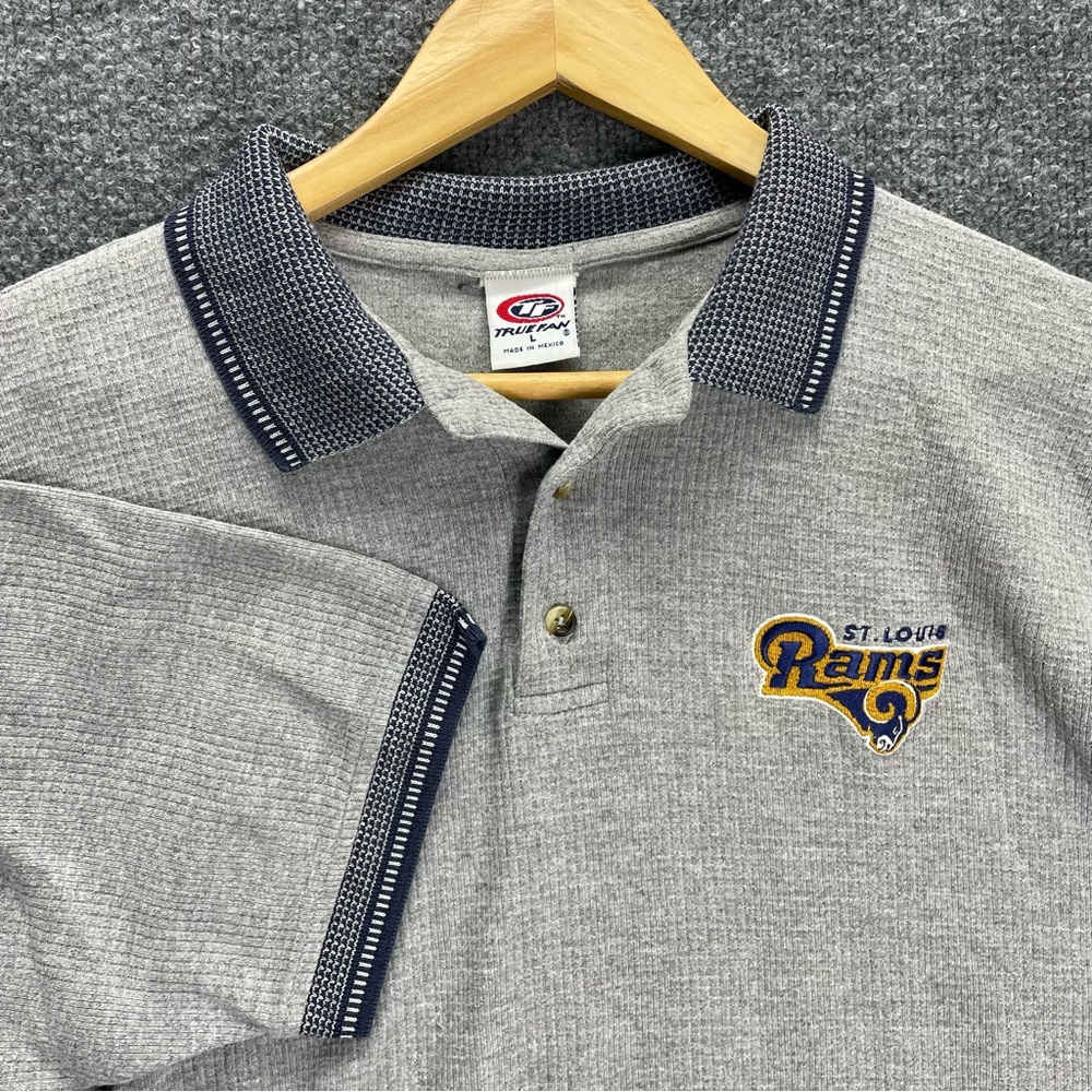 St. Louis Rams Polo Shirt Men’s L Vintage 90’s True Fan Texture Knit Embroidered